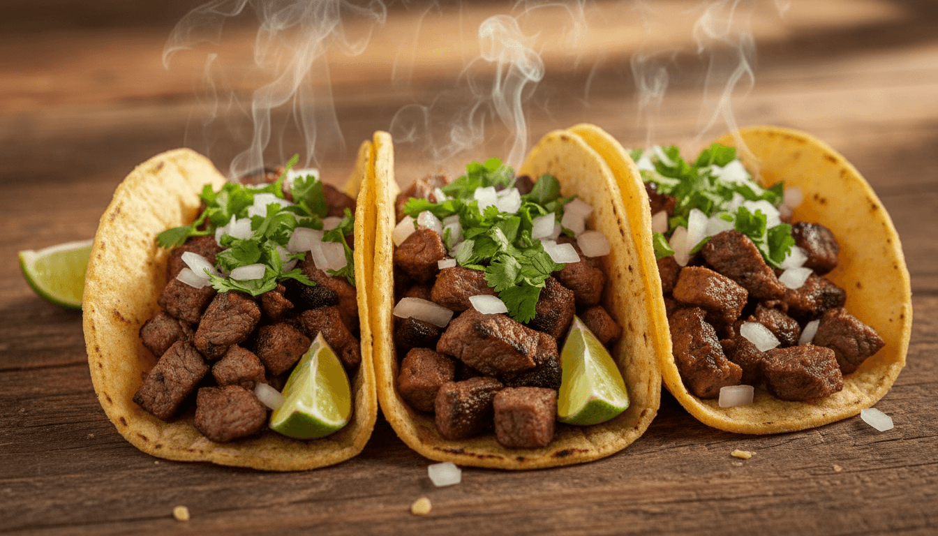 Authentic Mexican street tacos with carne asada, cilantro, and onions at Tacos Huicho